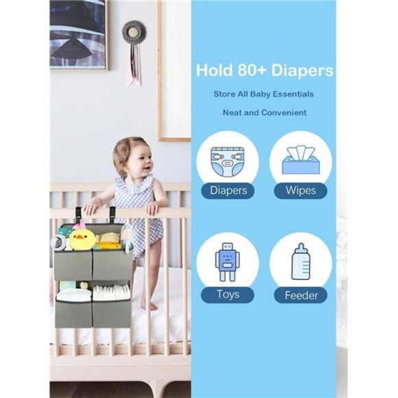 Hanging Diaper Organizer for Crib Bassinet Playpen Nursery Storage Holder 4 Pock - Picture 3 of 7